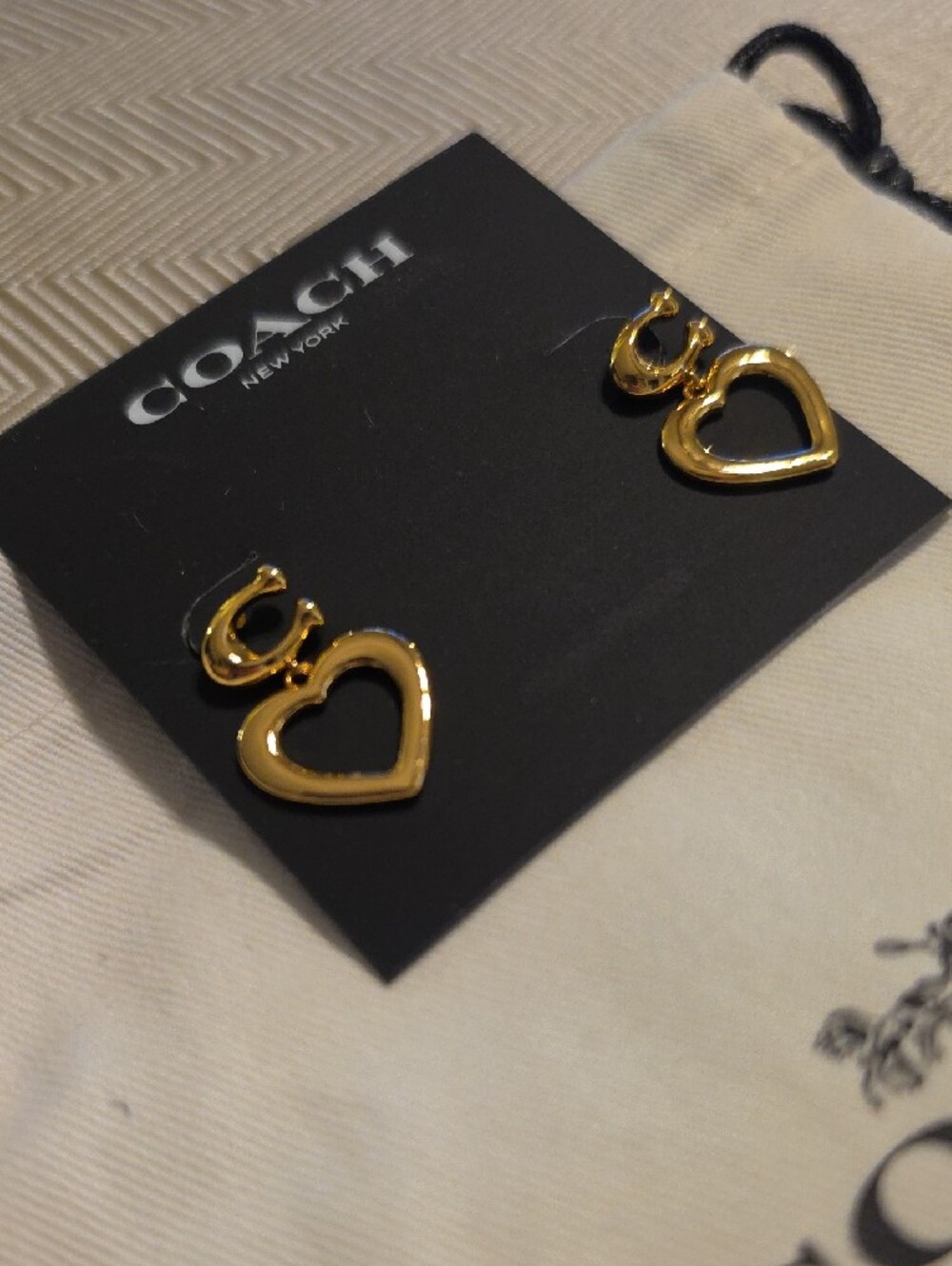 Coach Gold Heart Drop Earrings with Signature C Motif - Picture 3 of 4